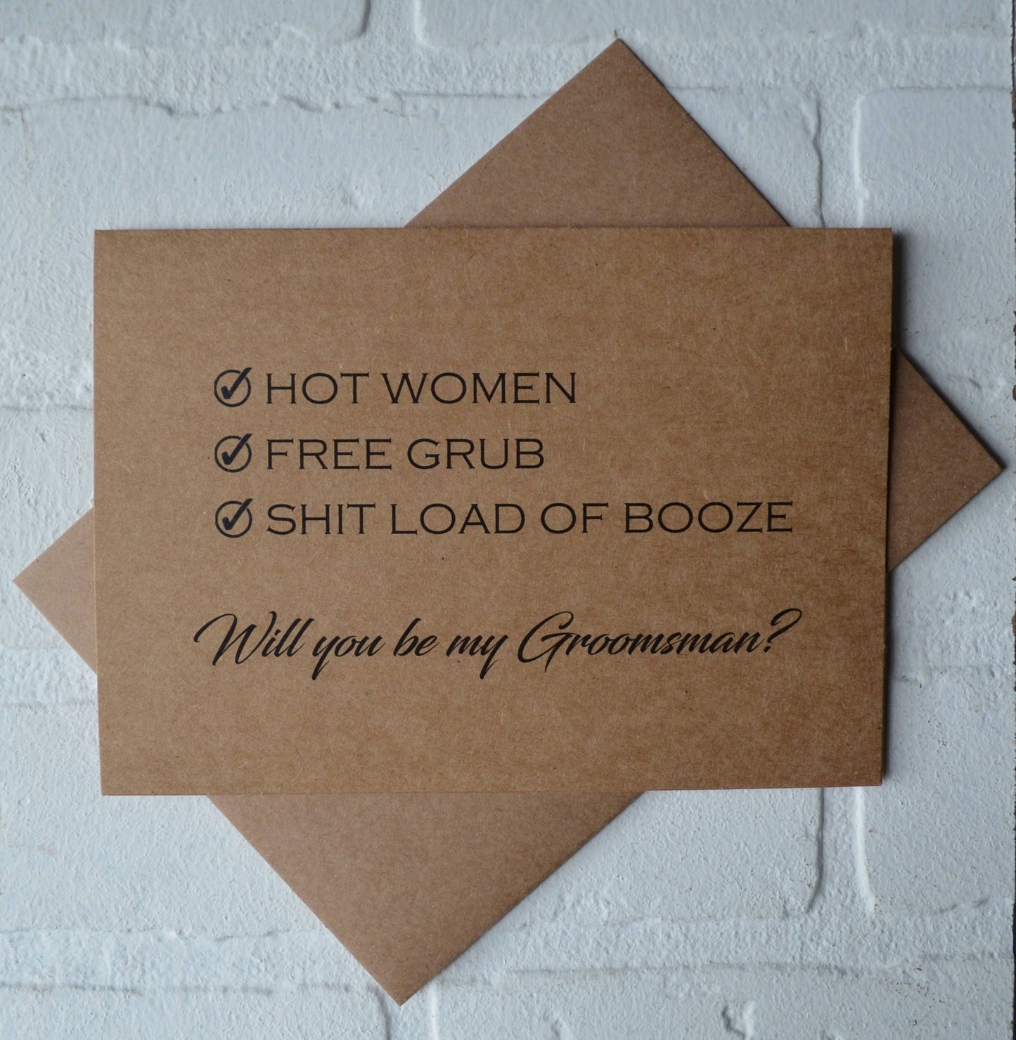 Check list hot women free grub lots of booze | groomsmen proposal card | wedding party invite