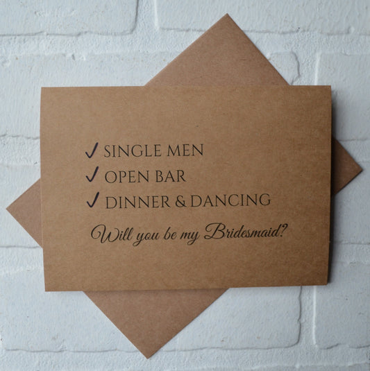 Check list single men open bar dinner and dancing | bridesmaid proposal card | wedding party invite