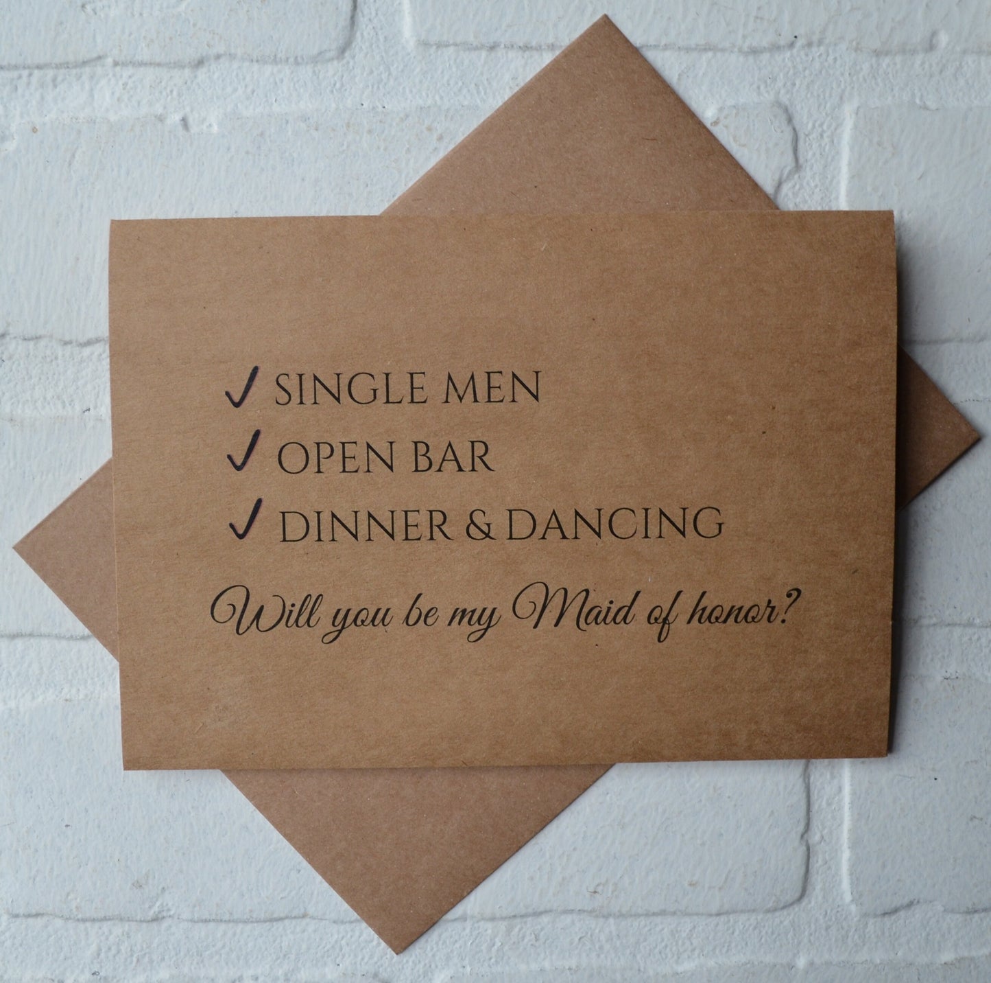 Check list single men open bar dinner and dancing | bridesmaid proposal card | wedding party invite