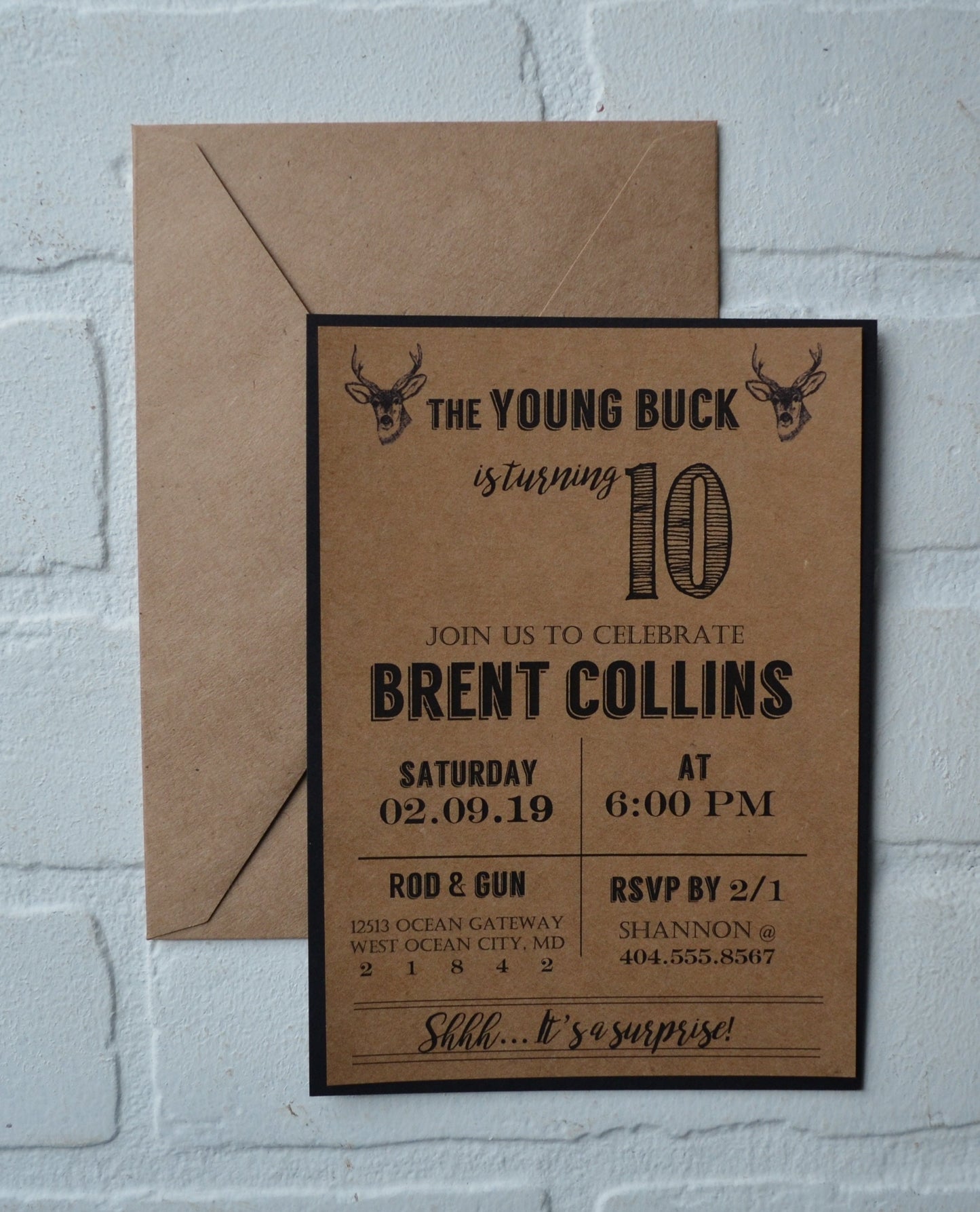 The YOUNG BUCK is turning 10 hunting birthday invitation birthday party invite hunter birthday kids birthday kraft rustic bday boy woodman