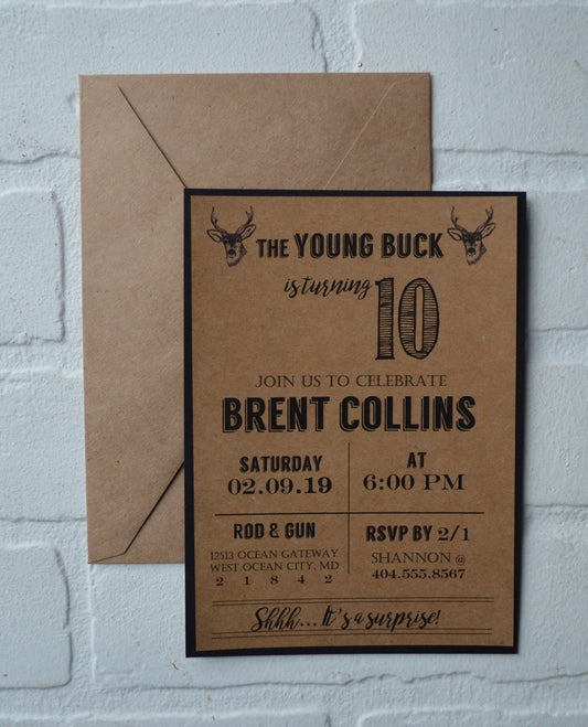 The YOUNG BUCK is turning 10 hunting birthday invitation birthday party invite hunter birthday kids birthday kraft rustic bday boy woodman