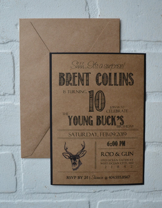 The YOUNG BUCK is turning 10 hunting birthday invitation birthday party invite hunter birthday kids birthday kraft rustic bday boy woodman