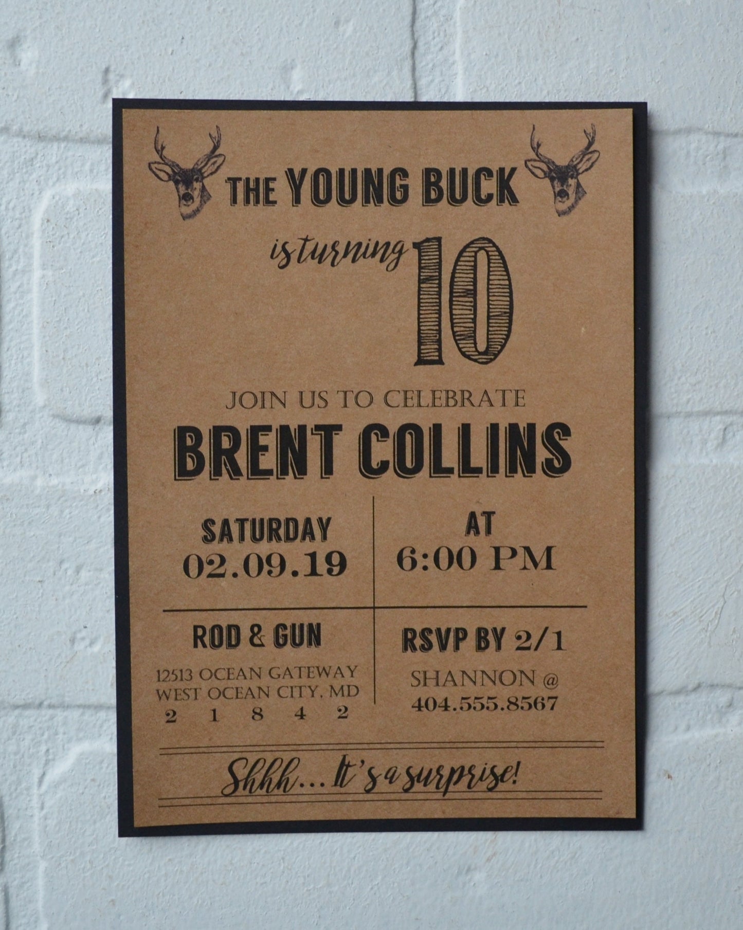 The YOUNG BUCK is turning 10 hunting birthday invitation birthday party invite hunter birthday kids birthday kraft rustic bday boy woodman