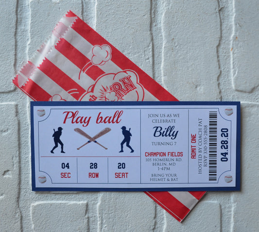 BASEBALL Ticket invite | baseball theme | Birthday Party boy party | invitation popcorn |  ball game birthday party girl birthday invitation