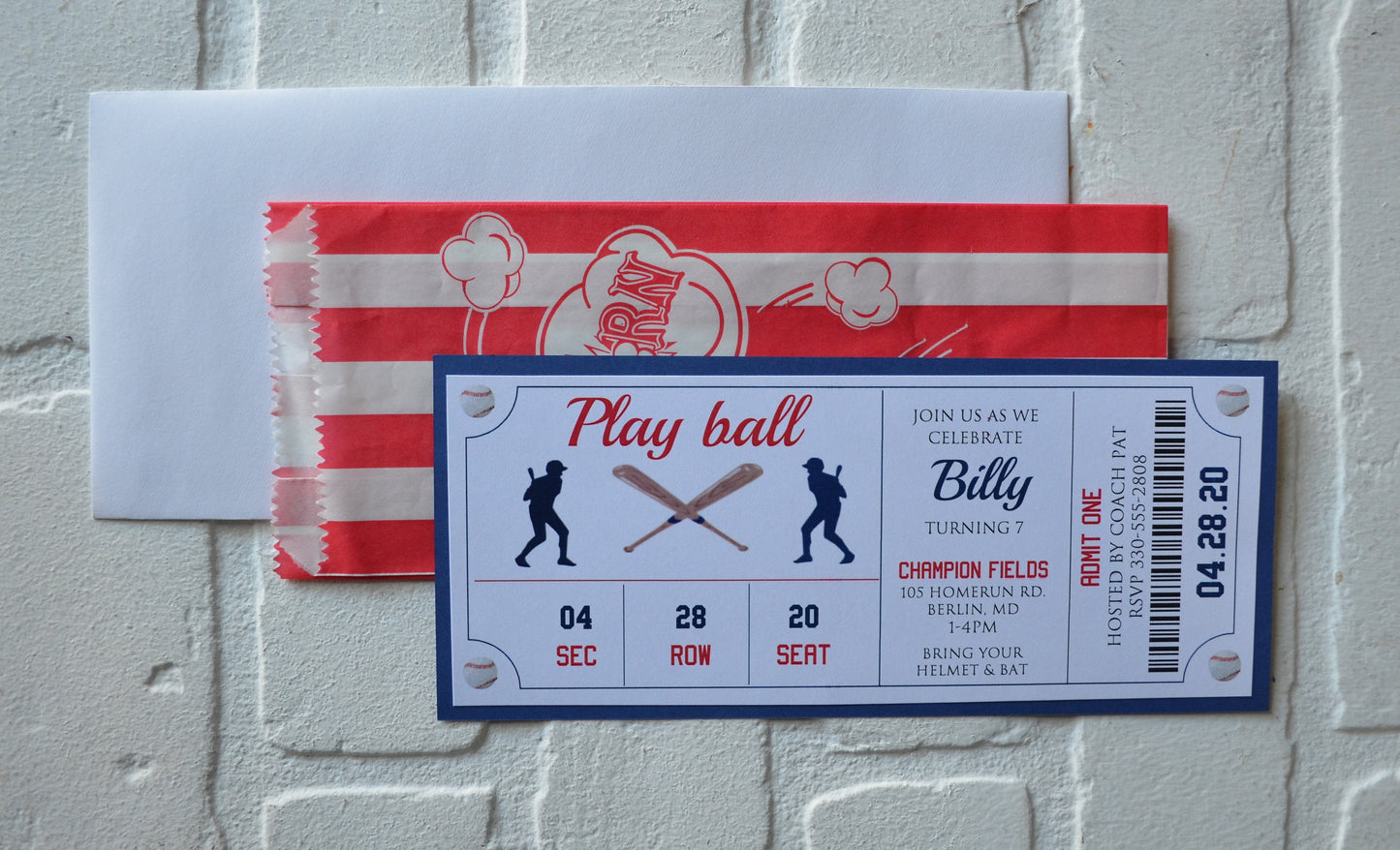 BASEBALL Ticket invite | baseball theme | Birthday Party boy party | invitation popcorn |  ball game birthday party girl birthday invitation