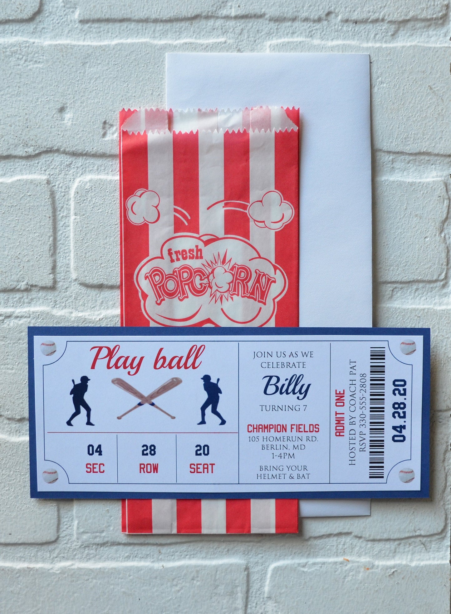 BASEBALL Ticket invite | baseball theme | Birthday Party boy party | invitation popcorn |  ball game birthday party girl birthday invitation