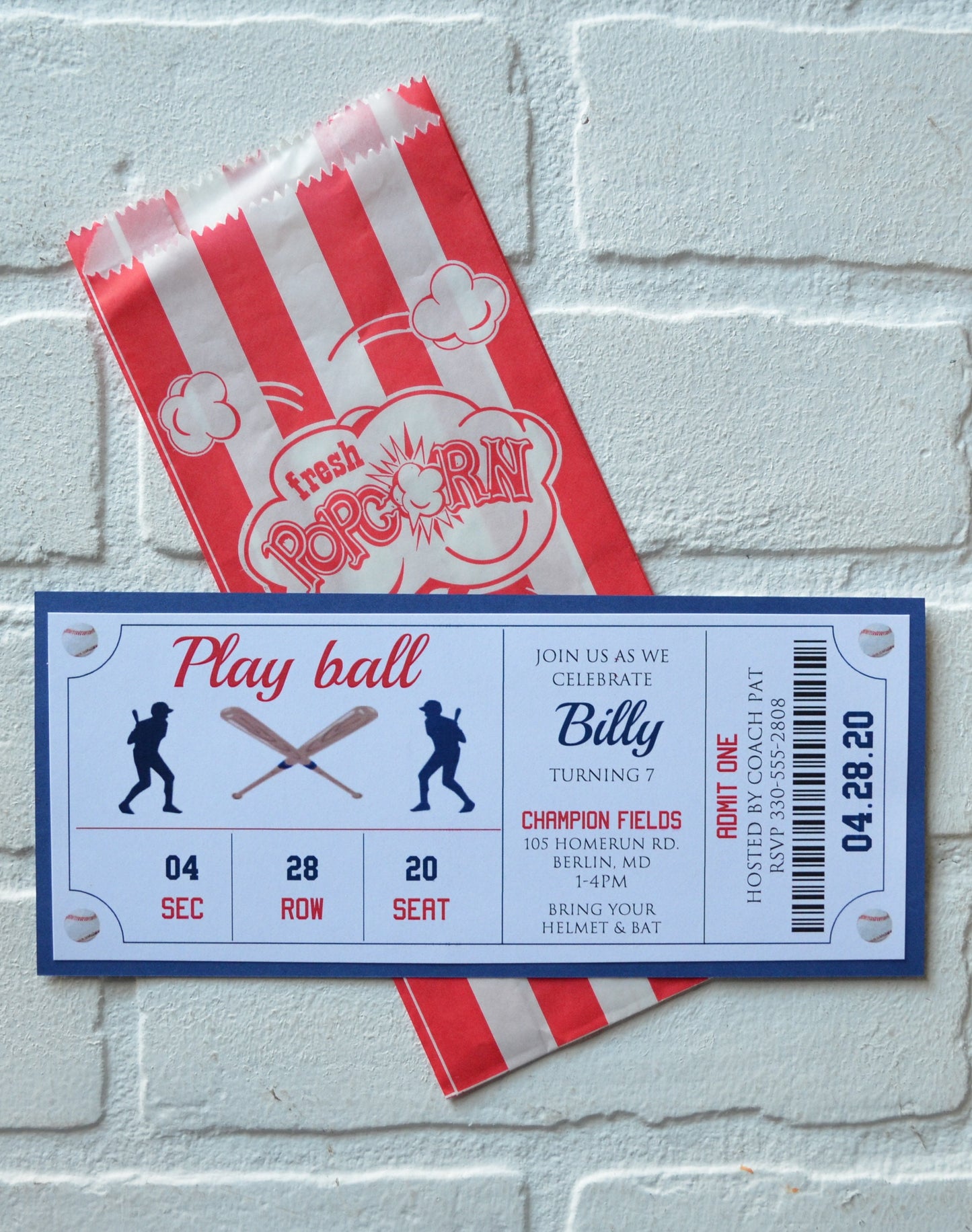 BASEBALL Ticket invite | baseball theme | Birthday Party boy party | invitation popcorn |  ball game birthday party girl birthday invitation