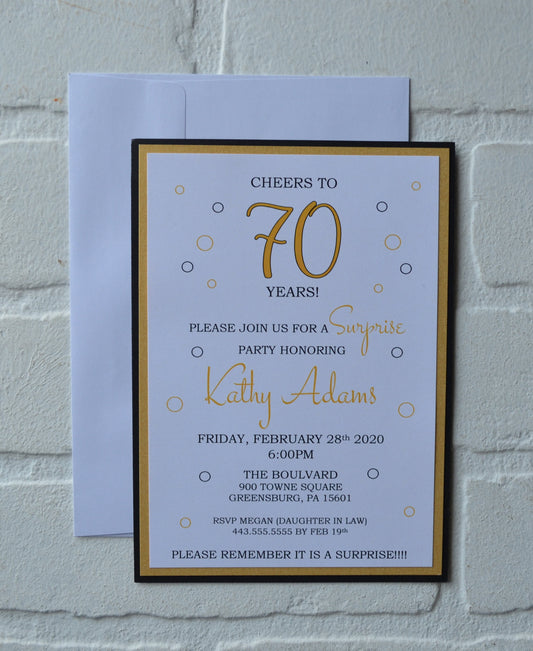 CHEERS to 70 YEARS birthday party invitations | surprise birthday invite | 40 50 60 70 years | black and gold invite | happy birthday invite