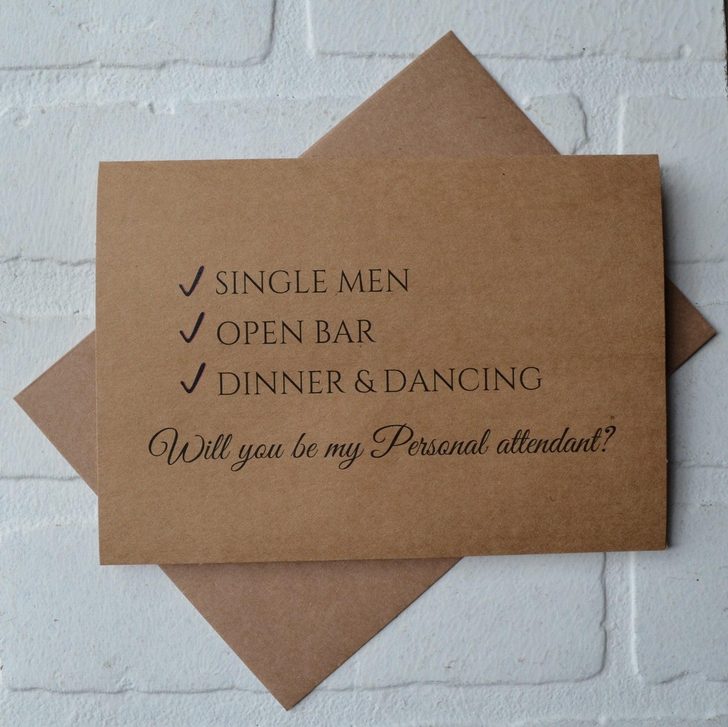 Check list single men open bar dinner and dancing | bridesmaid proposal card | wedding party invite