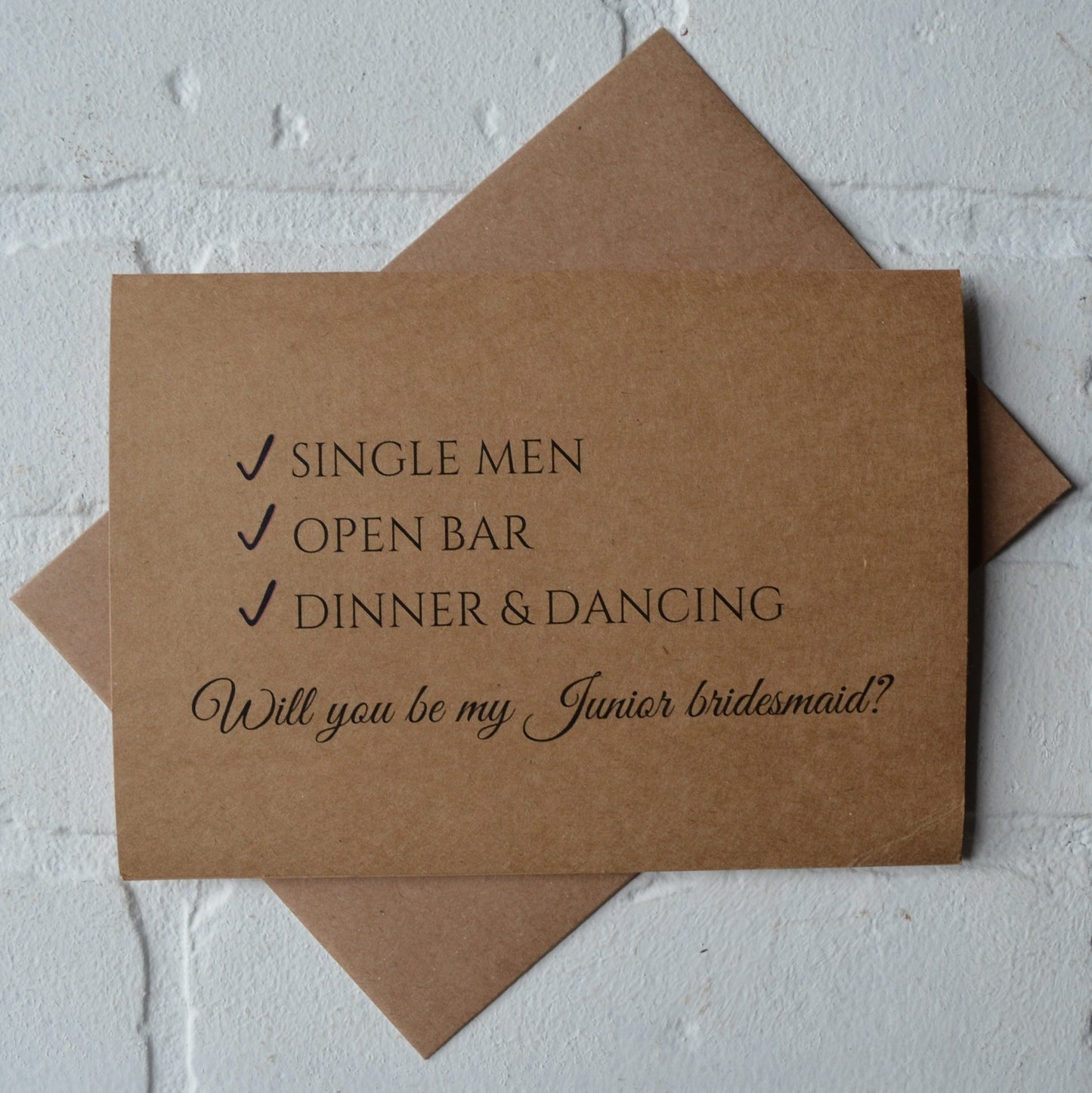 Check list single men open bar dinner and dancing | bridesmaid proposal card | wedding party invite