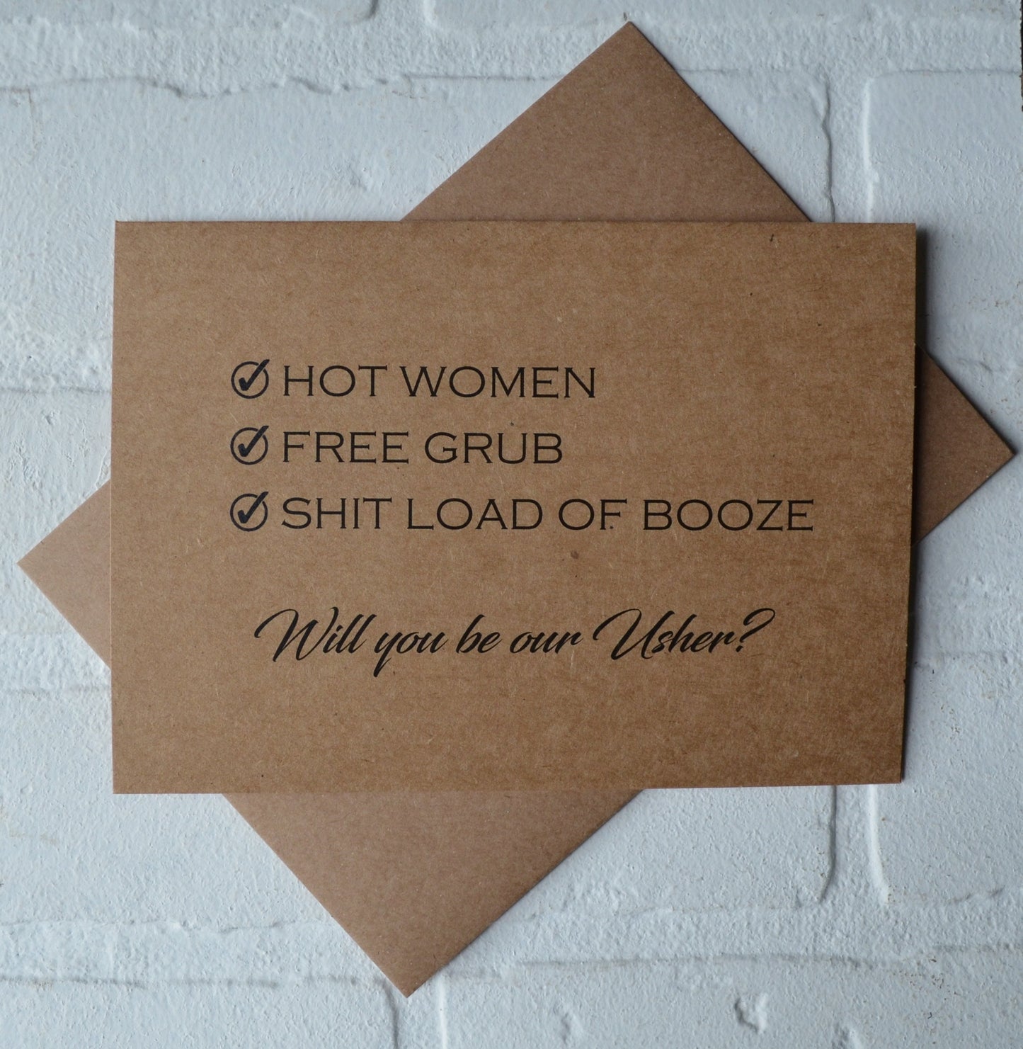 Check list hot women free grub lots of booze | groomsmen proposal card | wedding party invite