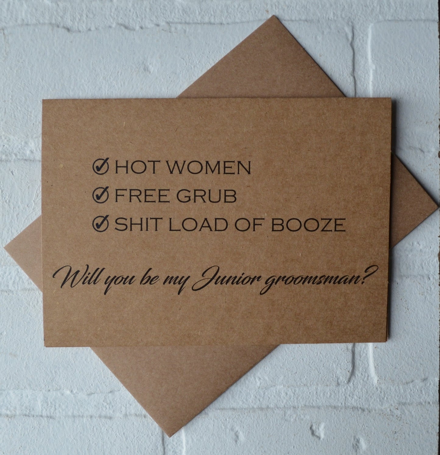 Check list hot women free grub lots of booze | groomsmen proposal card | wedding party invite