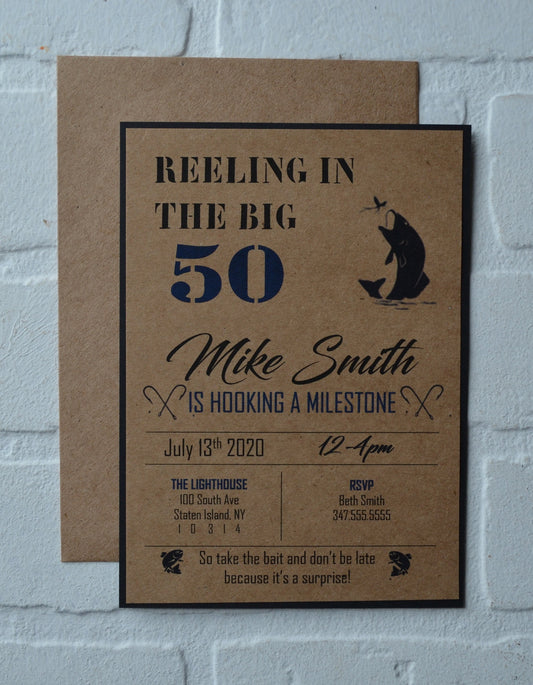 REELING in the BIG 50 fishing birthday invitation | bday party invite | fishing man | over the hill | kraft rustic | fisherman | 50th 60th