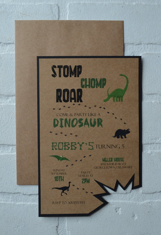 DINOSAUR birthday party invitation | happy birthday invite | T rex | caveman | roar bday parties | kids invitations | kraft cards | museum