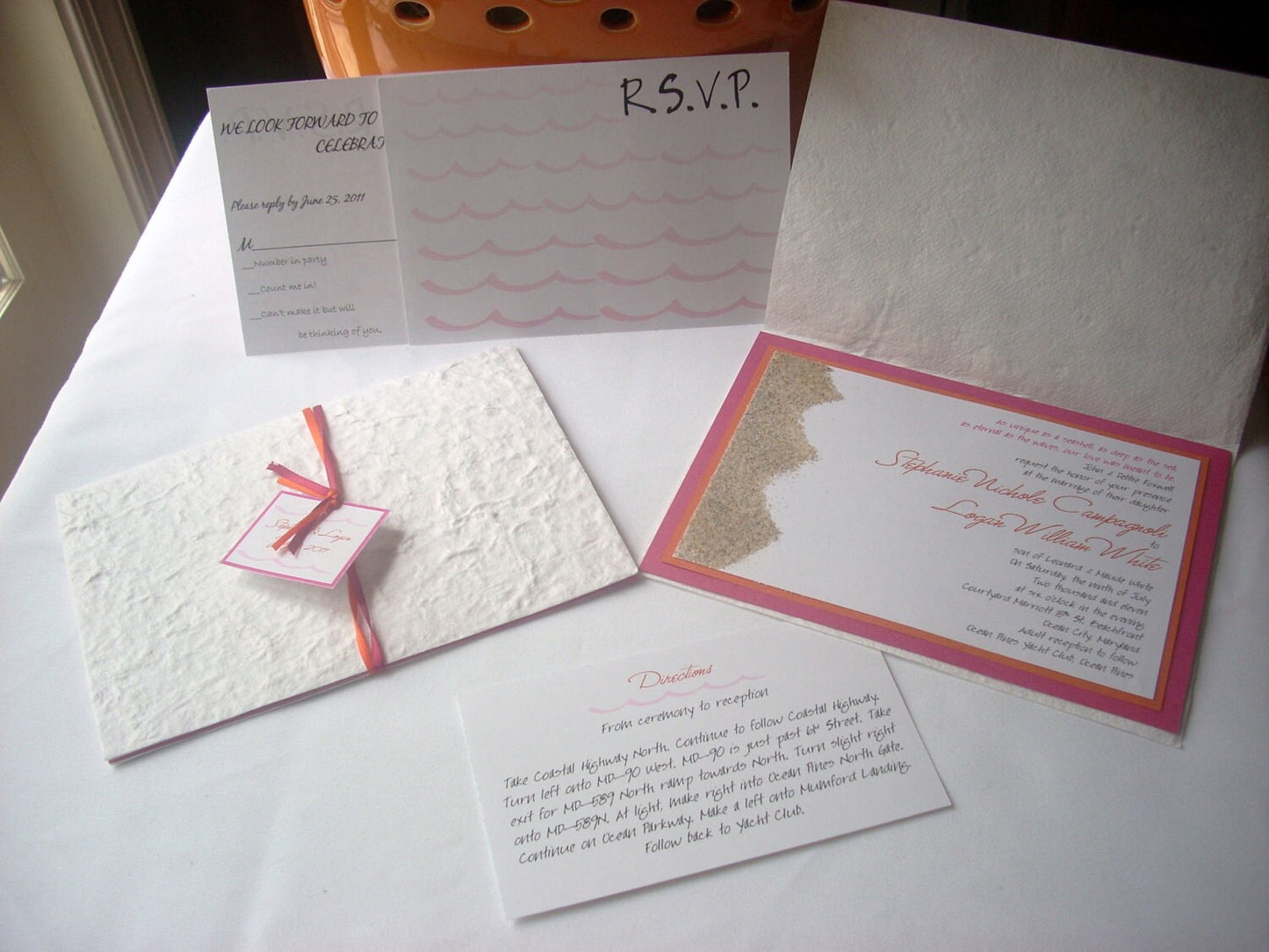 SAND WEDDING INVITATION set Pink & Orange invitation with beach sand foldover white handmade paper set of 100 Destination wedding invite