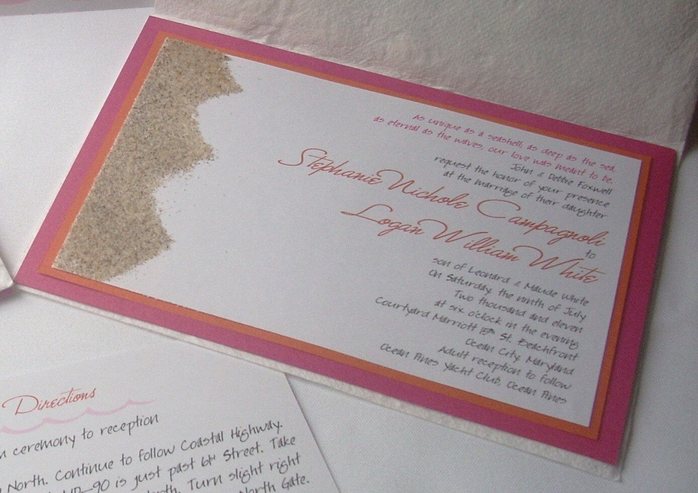 SAND WEDDING INVITATION set Pink & Orange invitation with beach sand foldover white handmade paper set of 100 Destination wedding invite