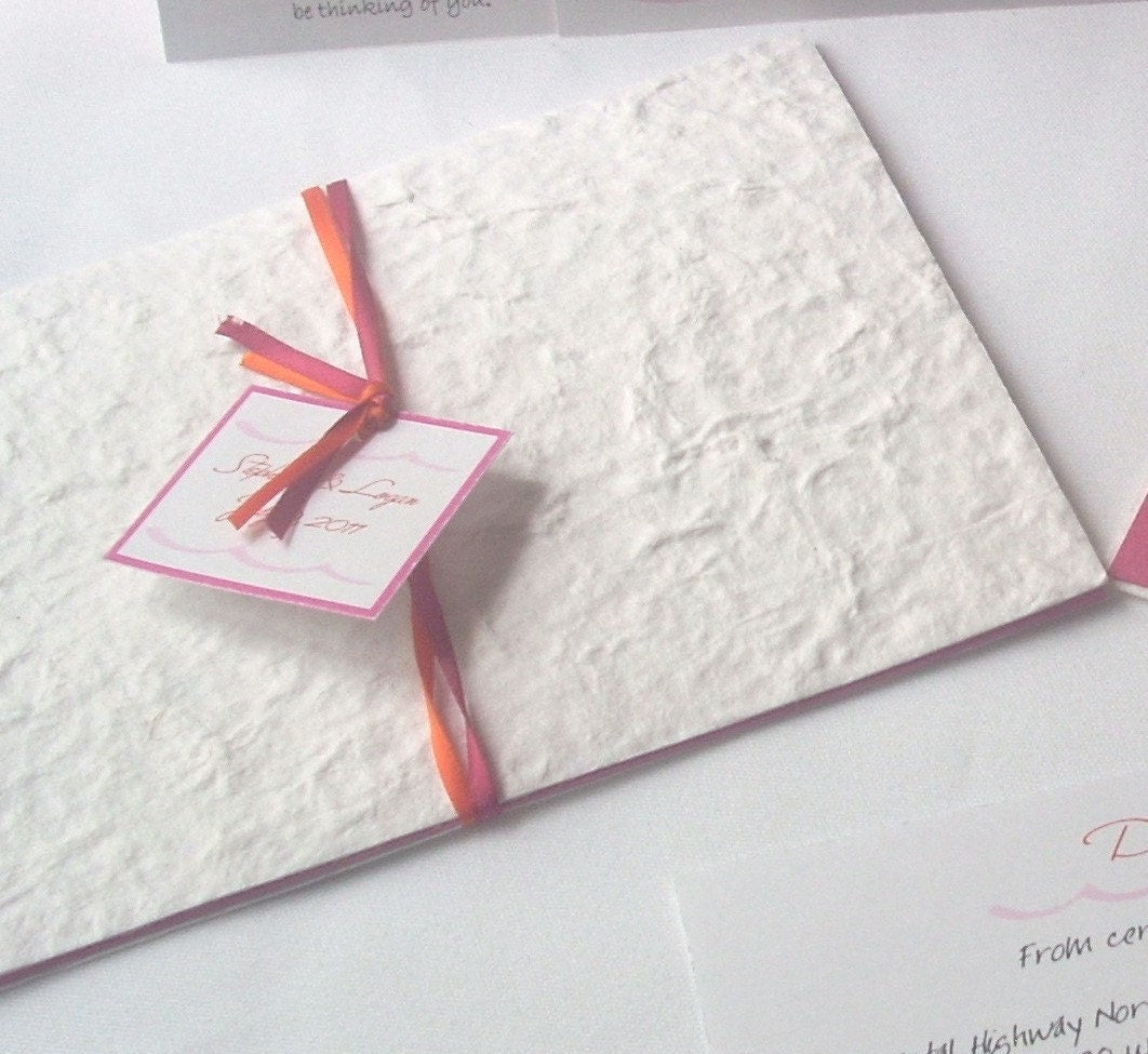 SAND WEDDING INVITATION set Pink & Orange invitation with beach sand foldover white handmade paper set of 100 Destination wedding invite