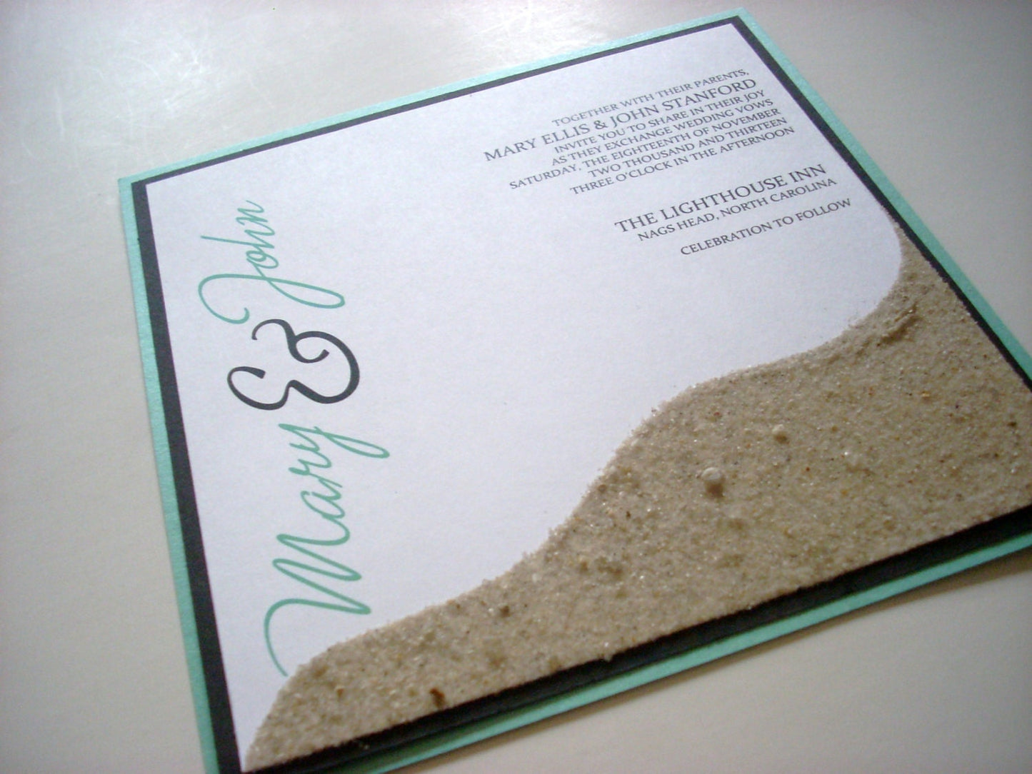 SAND INVITATION Tiffany's on the Beach square wedding invitation set of 75 Beach sand invite Destination Wedding invitation Turquoise black