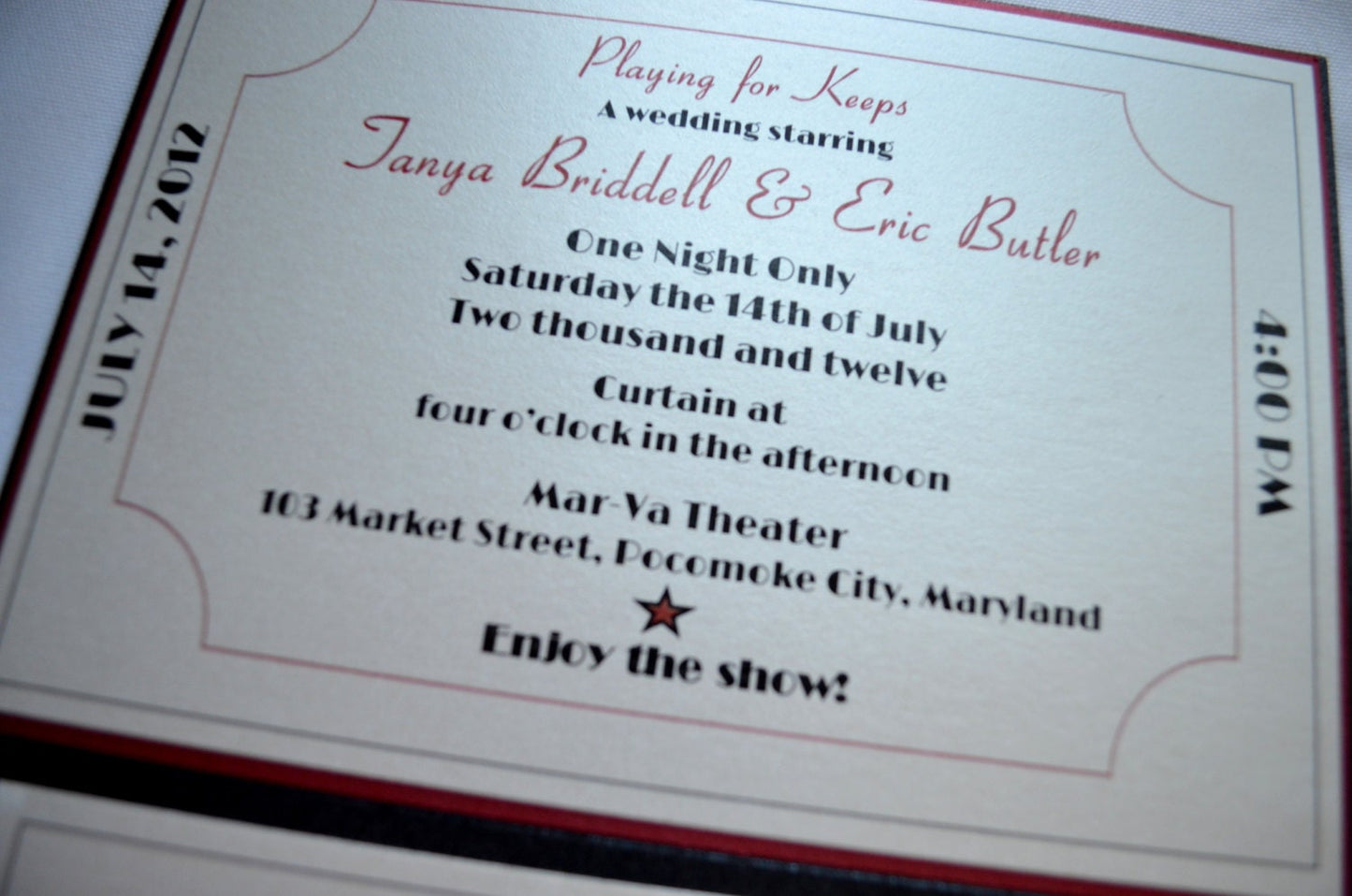 Ticket to Broadway Wedding Invitation SET of 75 Ticket Style invite elegant Black Red Ivory Pocketfold Broadway theme wedding Movie Ticket