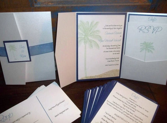 Destination Miami Pocketfold Wedding Invitation Set of 75 Beach wedding Shimmer sand invitation destination wedding palm tree invitation