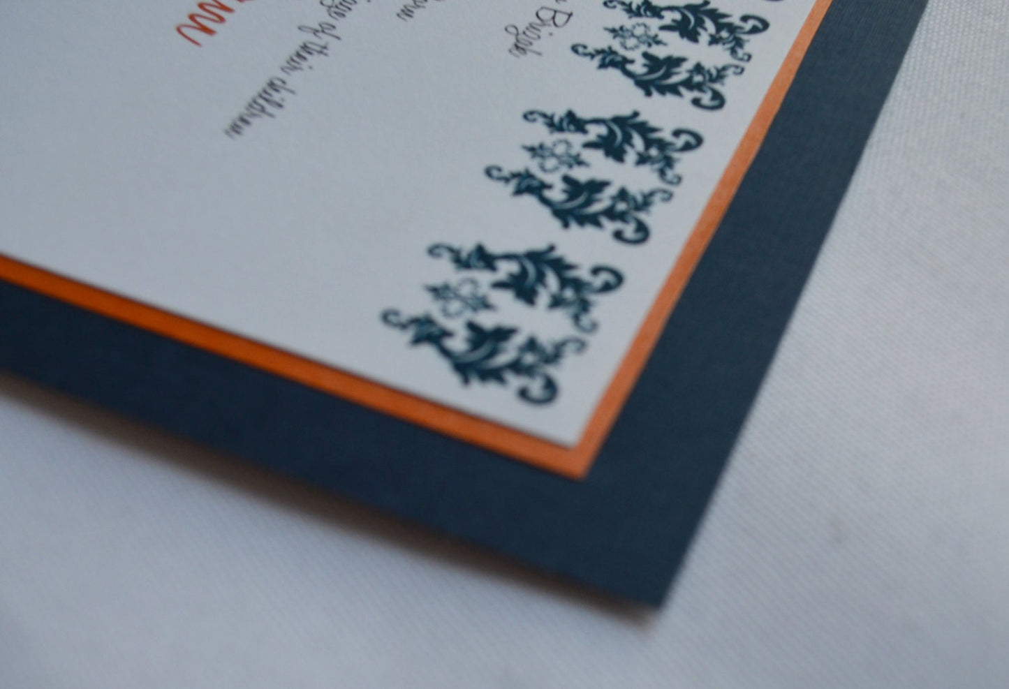 The Damask Wedding Invitations Set of 75 Navy white orange square invite modern wedding invitation shimmer paper navy damask wedding invites