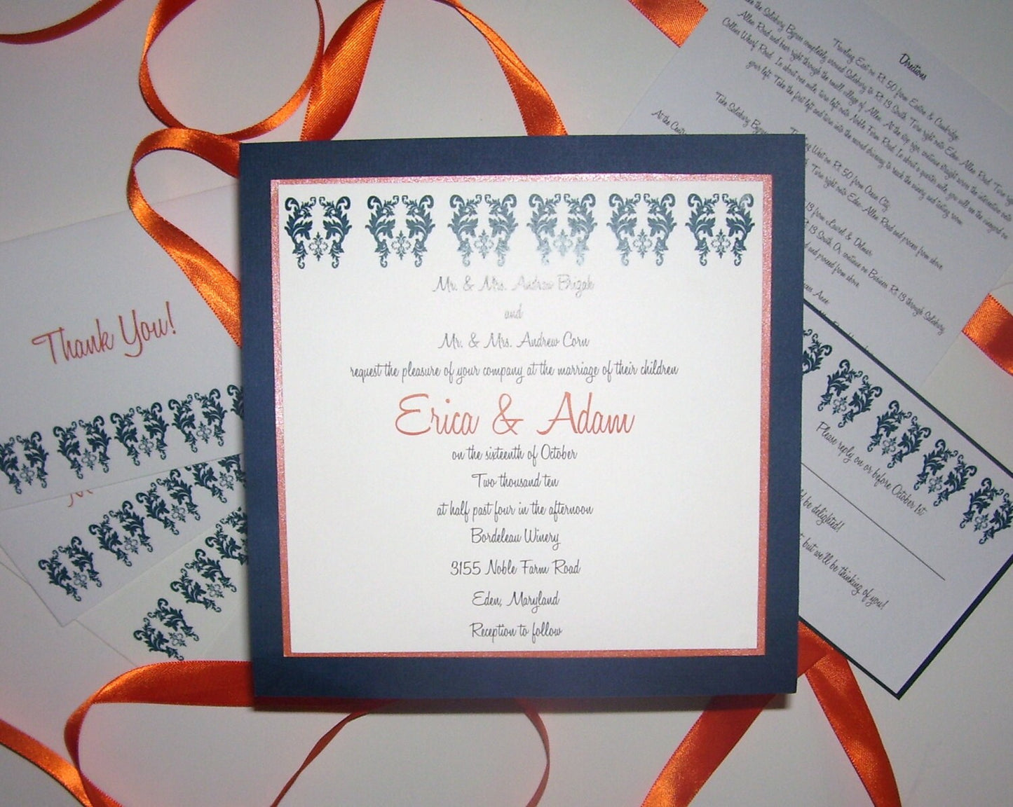 The Damask Wedding Invitations Set of 75 Navy white orange square invite modern wedding invitation shimmer paper navy damask wedding invites