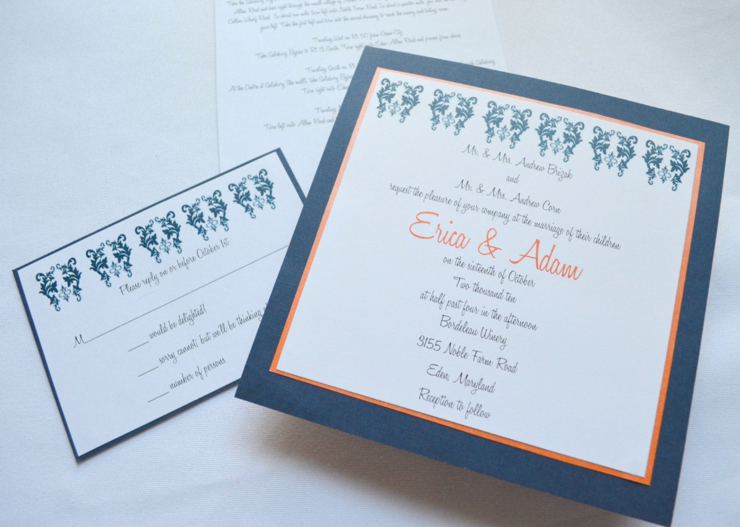 The Damask Wedding Invitations Set of 75 Navy white orange square invite modern wedding invitation shimmer paper navy damask wedding invites